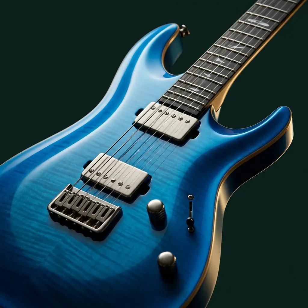 Guitarra elétrica apoiada em um amplificador na sala de aula