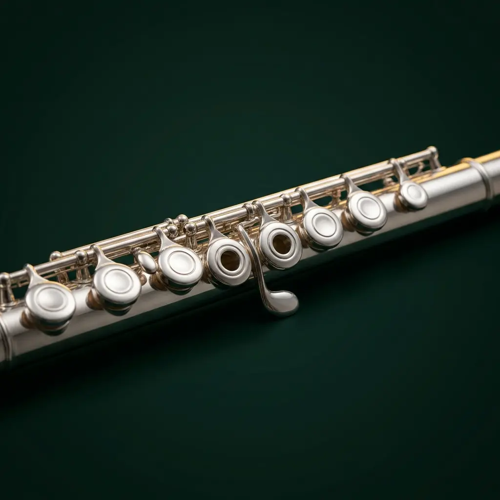 Flauta transversal prateada montada sobre a estante de partitura